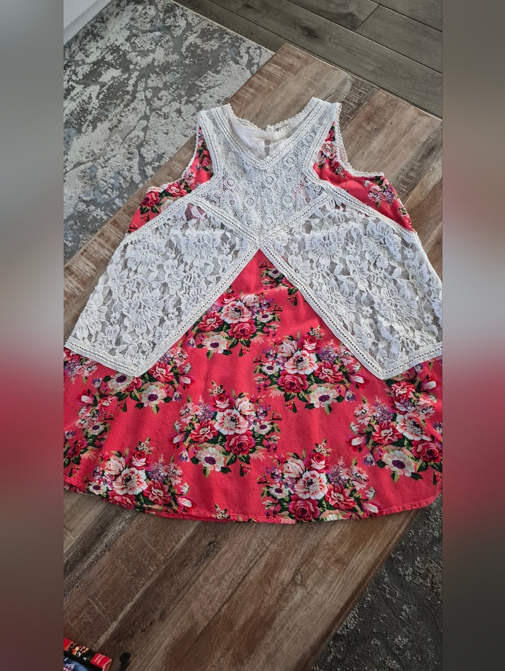 Boho Floral Lace Back Tank Top Coral Orange Cream Flowy Sleeveless Cami M L - Picture 5 of 8
